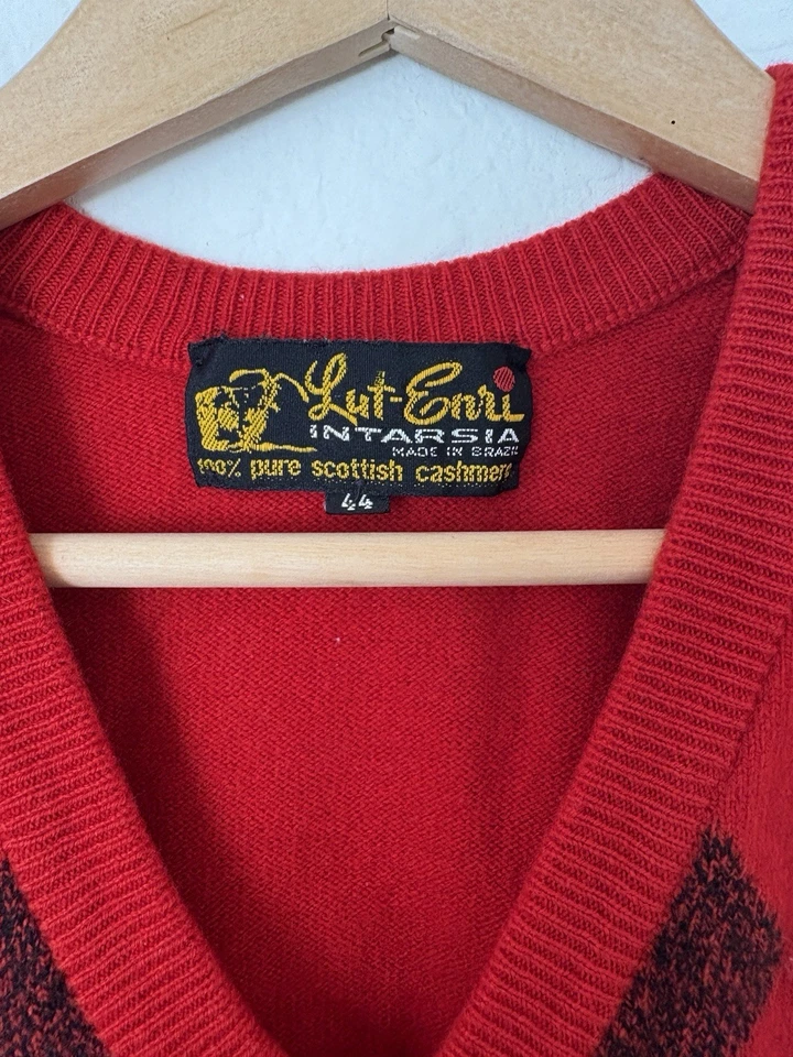 Vtg Lut-Enri Intarsia Pure Scottish Cashmere Sweater Vest 44 Argyle Red Golfcore - Image 4 of 4