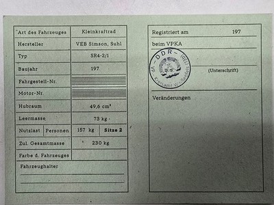 Simson Registrierschein Papiere DDR SR4-2/1 230 kg Blanko wahlweise m Stempel