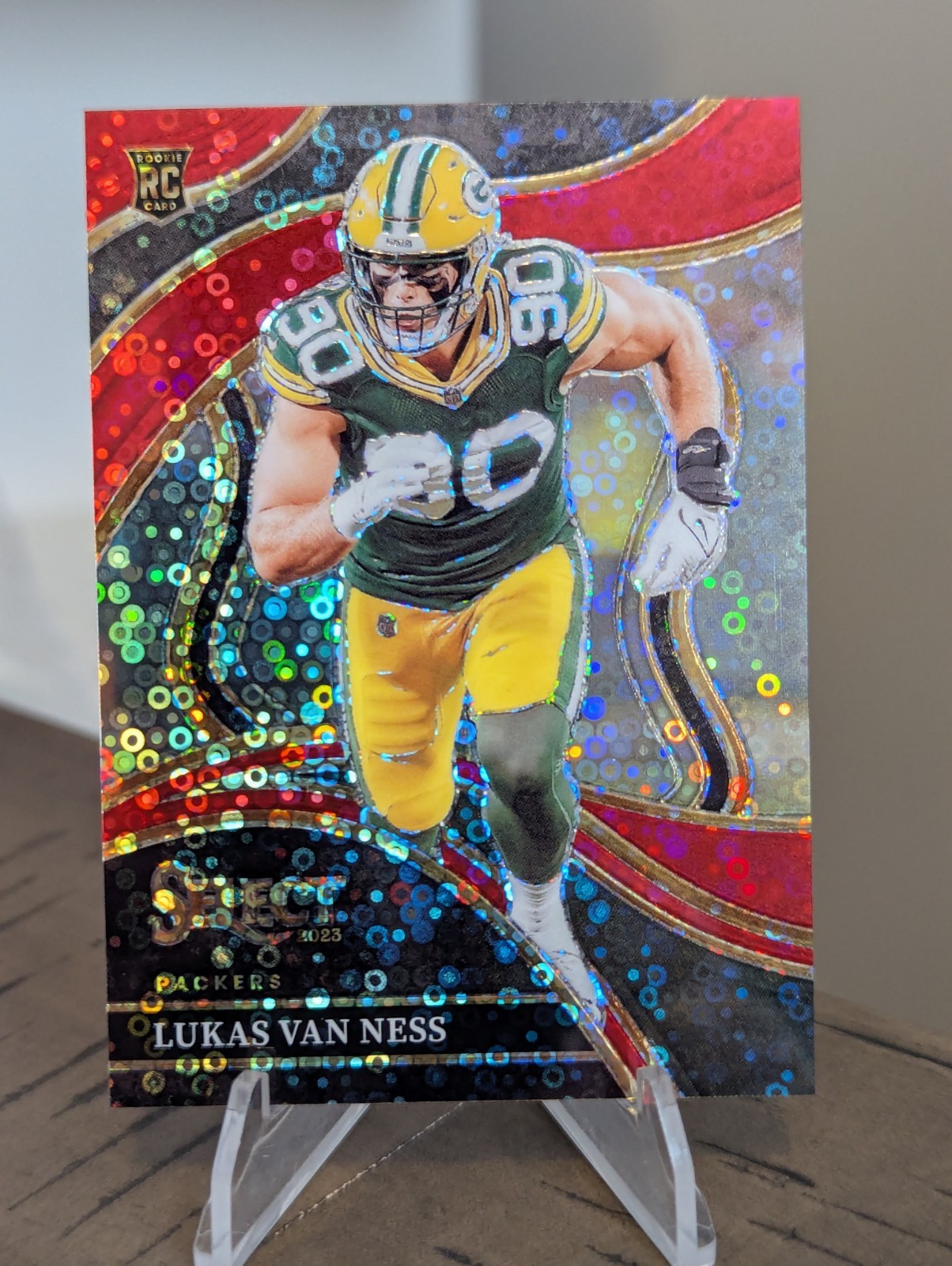 Lukas Van Ness RC: 2023 Panini Select RED DISCO,  CLUB LEVEL, "5/49",  Packers!!