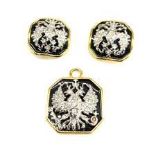 Vintage Joan Rivers Pendant Earrings Imperial Russia Set Black Enamel Eagles