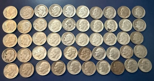Roosevelt Dimes 50 pc Roll 90% Silver Uncirculated w/ Luster. Plastic Tube