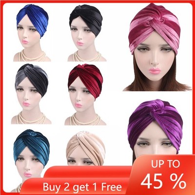 Women Muslim Velevt Twist Knot Beanies Hijab Hat Scarf Wrap Hair Loss Chemo Caps