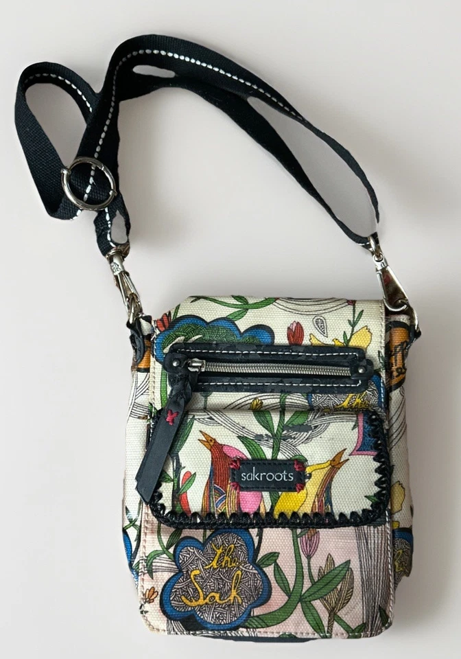 Sakroots Small Flap Crossbody Bag Multicolor Birds Peace Love Phone Wallet Purse - Image 2 of 4