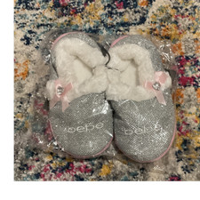 bebe Girls Silver Glitter Faux Fur Lined Slide Slippers Bow Rhinestone 11/12