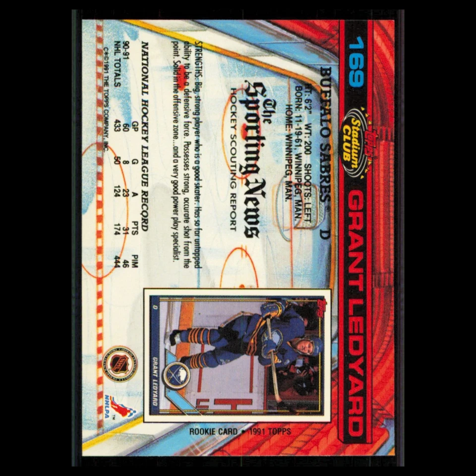 Grant Ledyard #169 1991 Topps Stadium Club Buffalo Sabres Hockey Card NHL NM - Image 2 of 3