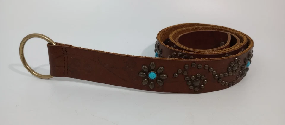 Cinturón Bohemio de Cadera Turquesa Tachonado Cuero Marrón Diseño Flor 40"- 42" Boho Foto 4 de 4