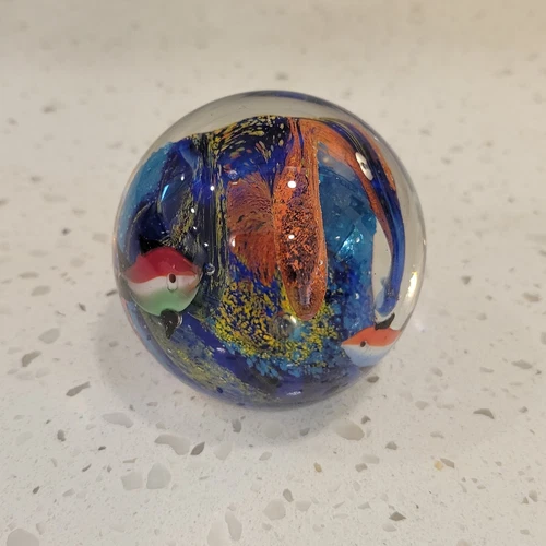 Vintage Murano Style Art Glass Ball Paperweight 2.75" Tropical Fish Cavern READ