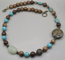 Grandmother’s Buttons Women’s Necklace Wood Turquoise Scarab Chunky Long 26”