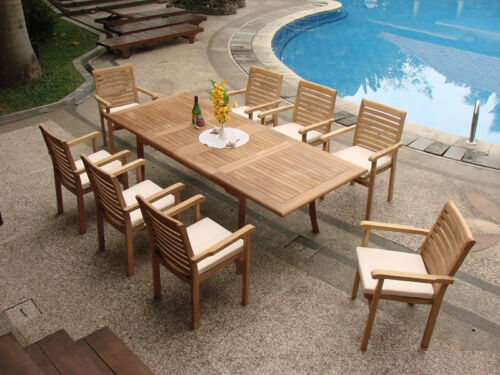 DSHR Grade-A Teak 9pc Dining 94 Rectangle Table 8 Stacking Arm Chair Outdoor Set