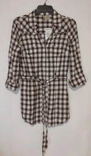 Womens BKE Long Sleeve Button Up Belted Shirt Brown/White Plaid NWT