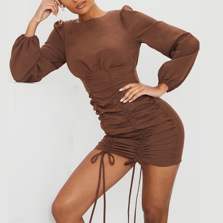 Pretty Little Thing Ruched Long Sleeve Bodycon Mini Dress Chocolate Brown  Size 6 | eBay