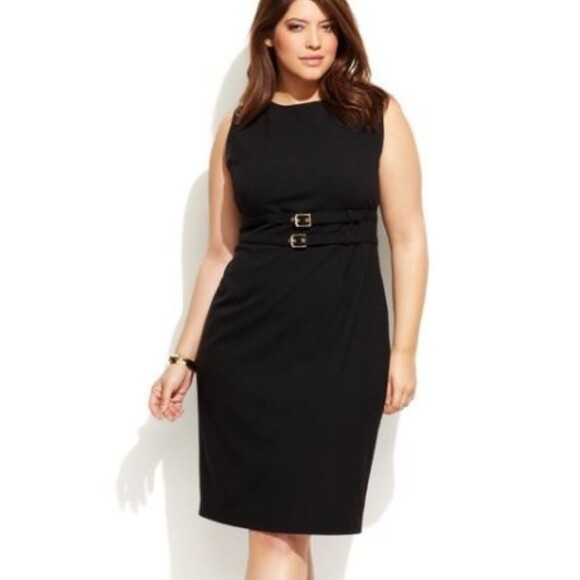 Calvin klein M 10 Black Sheath dress Sleeveless Double Gold Buckle Career  LBD
