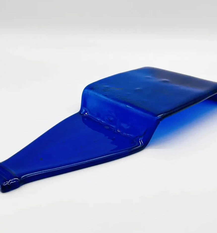 Cobalt Blue Art Glass Bottle Cheese or Serving Tray w Spoon Knife Napkin Rest - Image 3 of 4