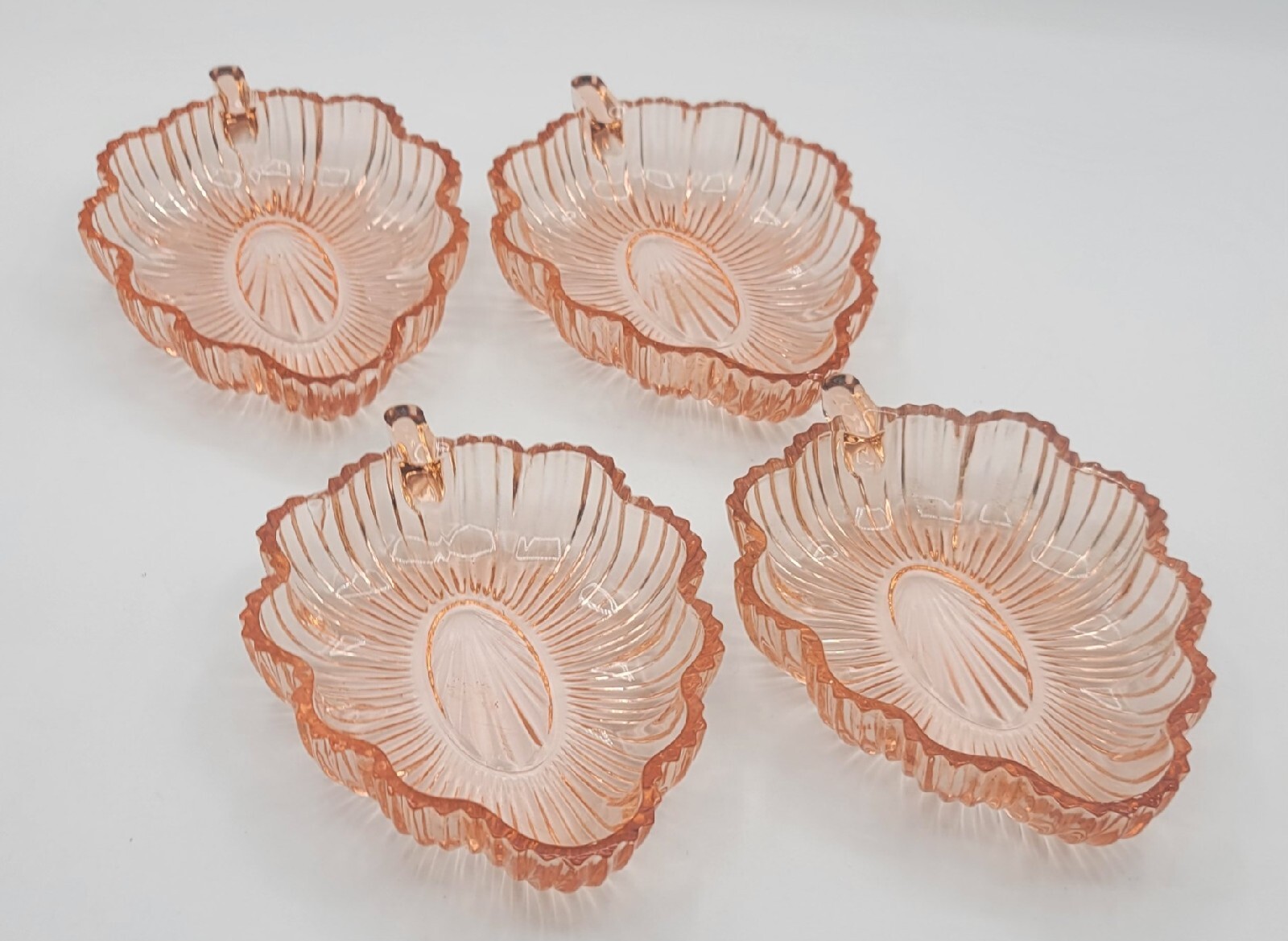 Vintage Pink Peach Depression Glass Leaf Shape Dishes Snack Bowls Lot