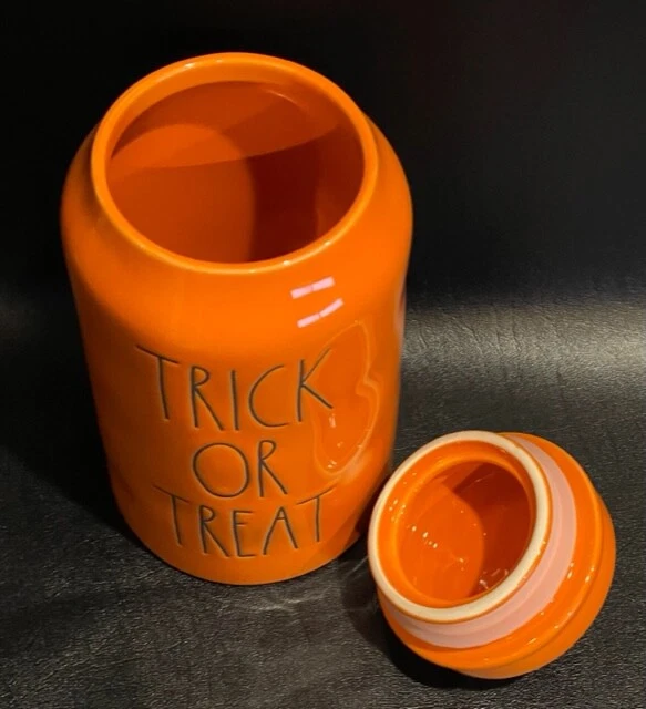Rae Dunn Happy Halloween canister white, Orange trick or treat canister