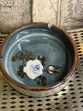 Vintage 7” WONY Ltd Japan Blue, Beige, Brown Floral Ceramic Stoneware Ashtray