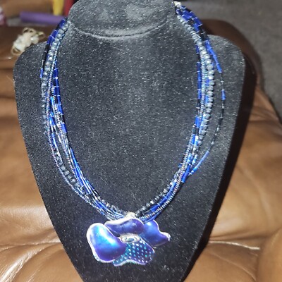 CHICO'S Beaded Multi Strand Necklace With Blue Enamel Flower Charm 