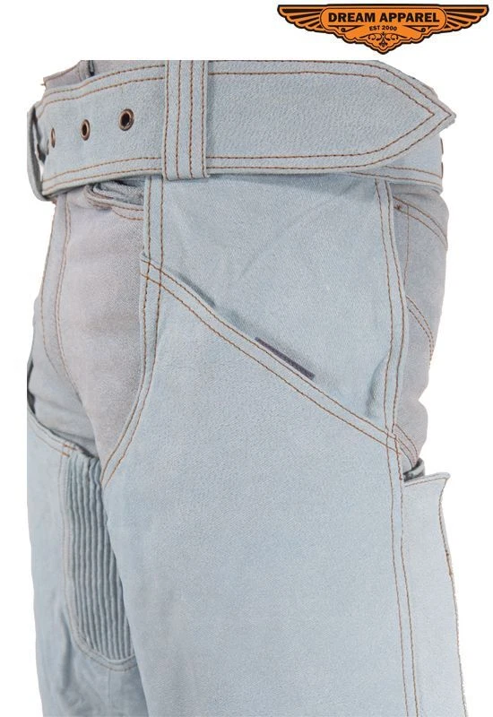 Blue Denim Leather Men's Motorcycle Biker Chap W/ Lacing in Back For Greater Fit Foto 4 de 4