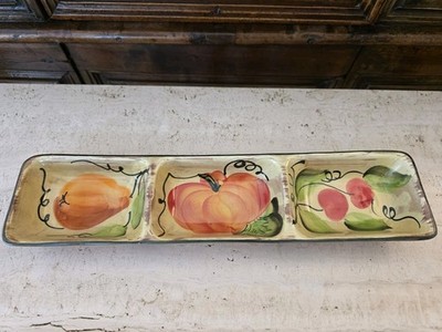 CRATE BARREL Hand Painted Pizzato Three Section Relish Tray Italy Fruits Tuscan
