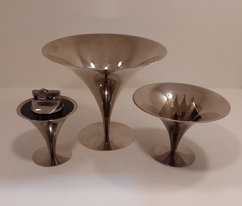 Vintage MCM Chrome Cigarette Smoking Set Lighter Bowl And Ashtray Martini Shape