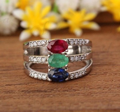 Handgefertigter 925 Sterlingsilber Ring mit Rubin, Saphir, Smaragd, Diamant