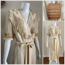1930s 40s Rayon Crepe Lace Dressing Gown w Tags Boudoir Robe Slip Dress Bias VTG