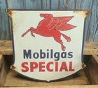 Vintage Mobilgas Porcelain Metal Shield Sign Mobil Gas Pegasus