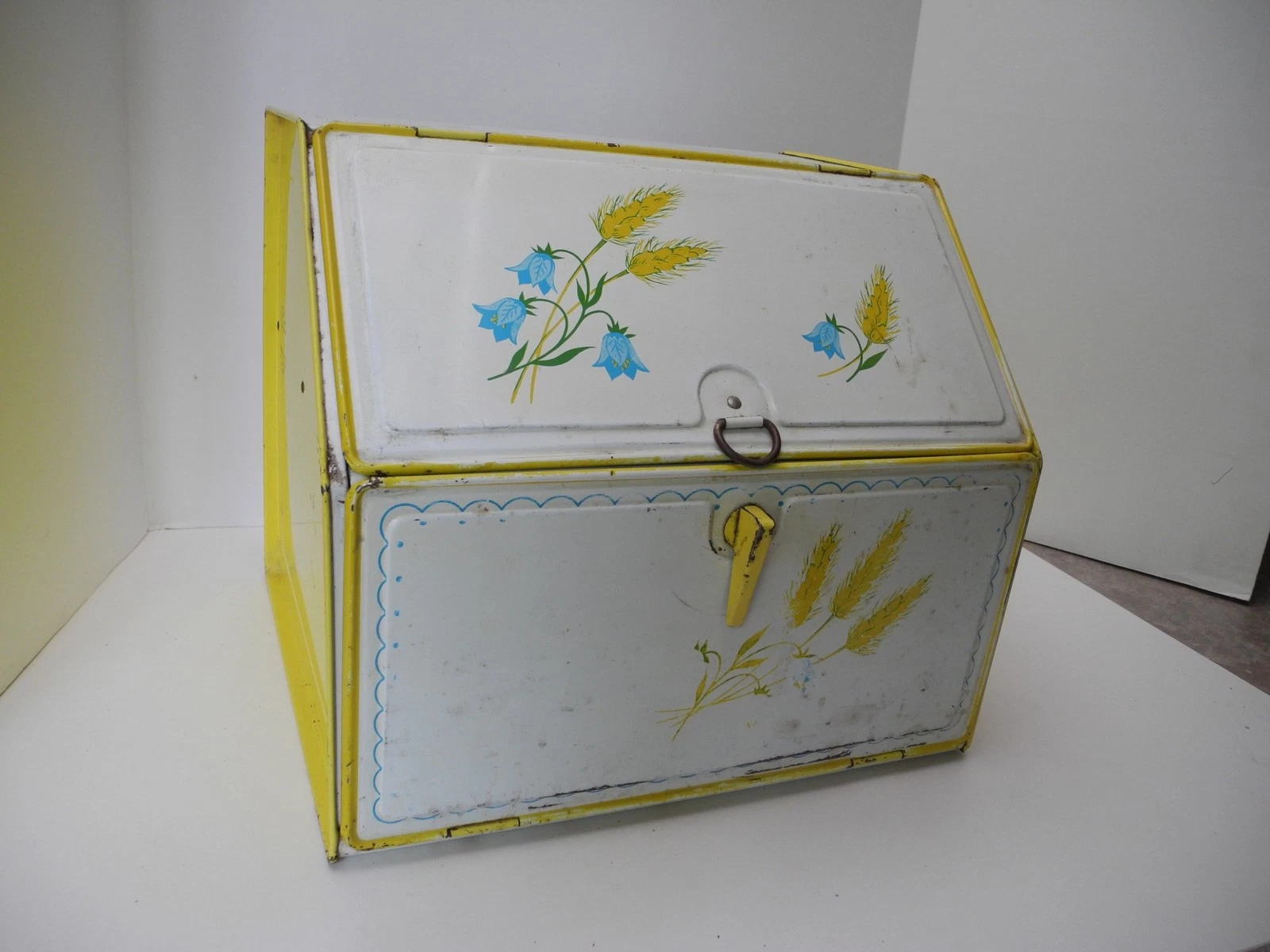 Vintage 1950's White & Yellow Tin Metal Breadbox With Wheat & BlueBells Design
