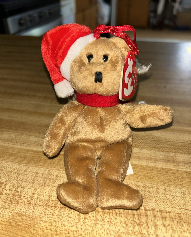 Ty Jingle Beanies Plush Brown Bear Santa Hat Red Ribbon Heart Tag 1997 Retired