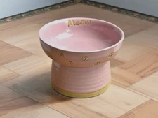 Cat Pet Dish Ceramic Pink Food Water Bowl Meow & Pawprints 4.25" New see Descrip