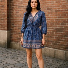 Boho Floral Mini Dress Small Multicolor Tassel V-Neck 3/4 Sleeve Smocked Waist
