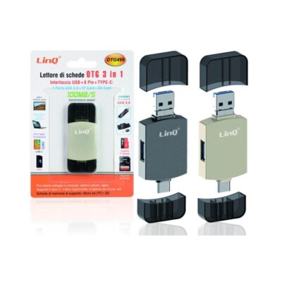 100mb Pin x Lettore Schede OTG 3 in 1 LinQ OTG499 USB 3.0 + 8-Pin + Type-C SD/TF ...