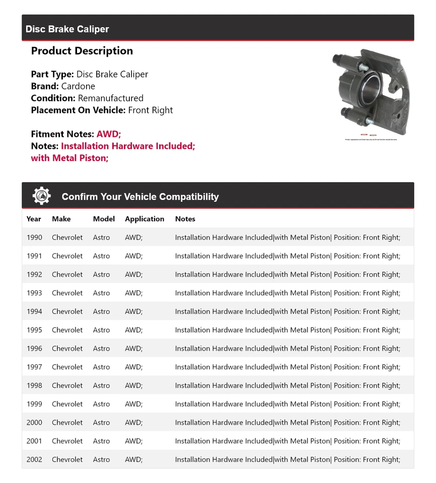Pinza de freno de disco delantera derecha Cardone 1991 para Chevrolet Astro 1990-2002 AWD Foto 2 de 4