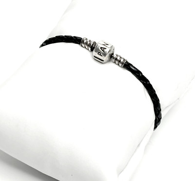 PANDORA 925.ALE Sterling Silver Black Leather Braided Cord Bracelet 6.75in - 4g