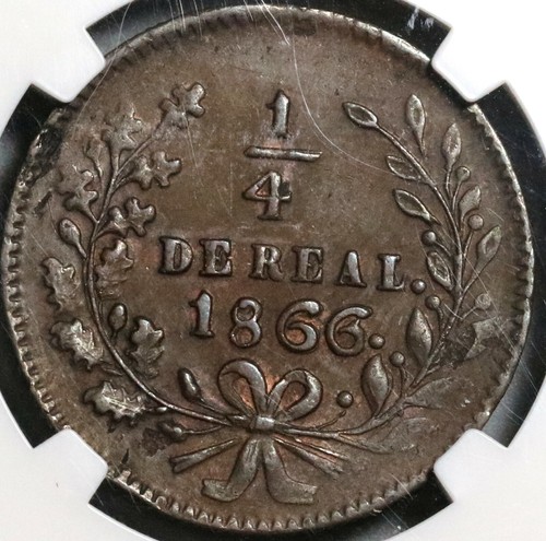 1866 NGC AU 50 Sinaloa 1/4 Real Quarto Mexico Culiacan Coin POP 2/1 (20062701C) - Picture 2 of 9