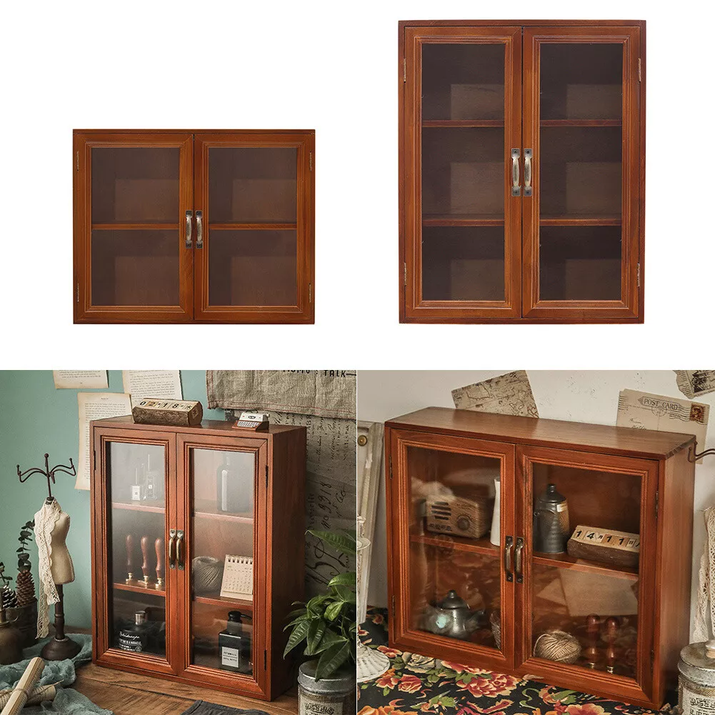 Vintage Glass Effect Storage Cabinet Wooden Cupboard Display Shelf DIY Organiser