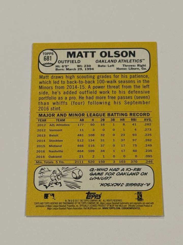 2017 Topps Heritage High Number - Matt Olson #681 (RC) - Image 2 of 4