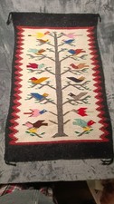 Vintage Zapotec Handwoven Navajo Tree Of Life Wool Rug Tapestry 26x38 Birds Wool