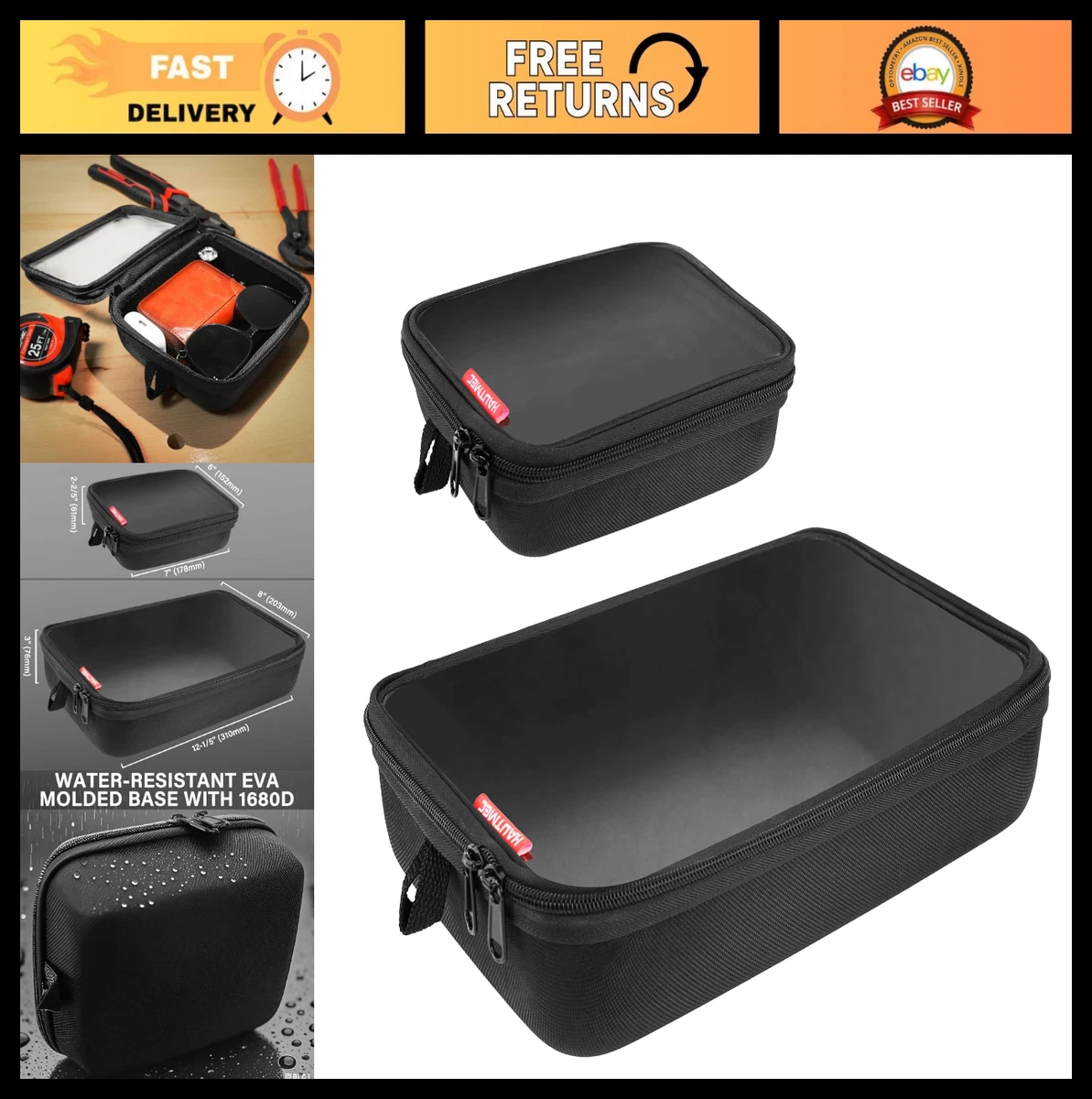 Set De 4 Cajas Organizadoras HMF – 49 Compartimentos En Total, Tapa Transparente, Separadores Flexibles, Negro Y Naranja