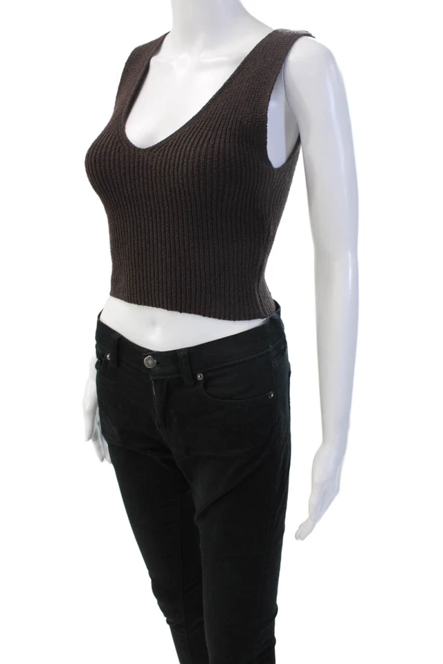 Camiseta sin mangas recortada ALC para mujer marrón cuello en V sin mangas lisa talla XS Foto 2 de 4