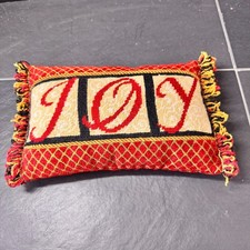 Handmade JOY Needlepoint Lumbar Pillow Red Gold Fringe Accent Decor