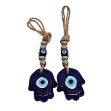Blue Glass Hamsa Hand Evil Eye Wall Hanging Protection Nazar Amulet Set 2 9.5"
