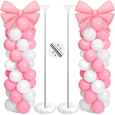 2 Sets Pink White Bow Balloon Column Stand Kit Includes 2 Bows & 100 Latex Ba...