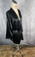 Victoria's Secret Womens Robe One Size Black Satin Belted Short Kimono Pockets