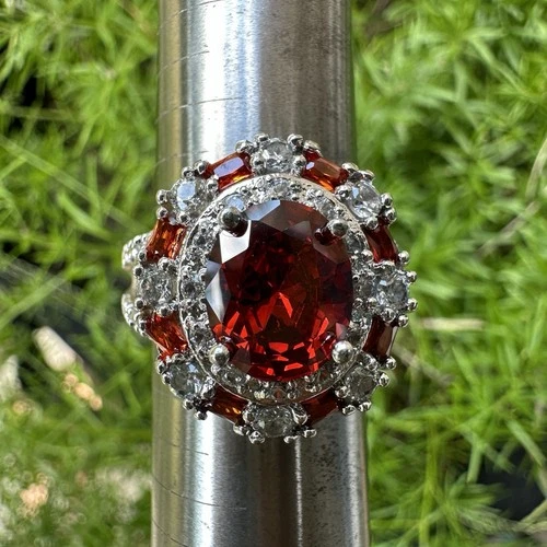 VTG Flower Cocktail Ring Size 9 Orange Red Garnet CZ 925 Sterling 8.6g READ
