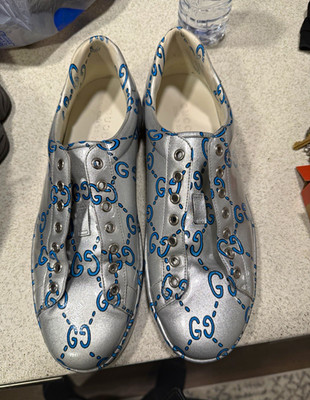 Gucci Ace Silver/Blue GG Logo Leather Low Top Lace-Up Men's Sneakers