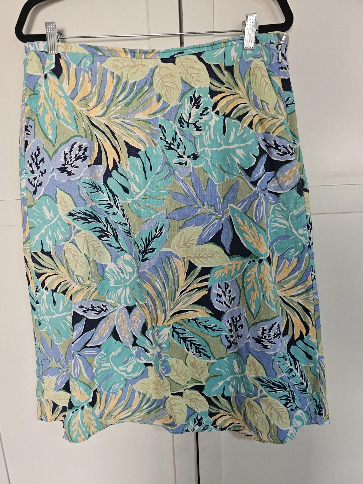 Vintage Talbots Linen Blend Tropical Floral Maxi A-Line Skirt Blue Green Size 12