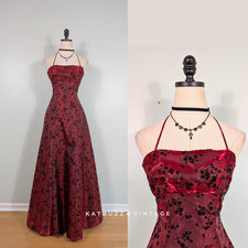 Vintage Prom Dress Maxi Gown 4 Red Black Goth Floral 90s Y2K Velvet Satin Halter