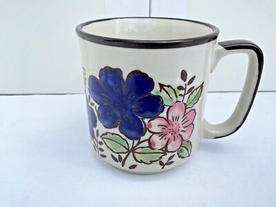 Japan Coffee Mug Tea Cup Glass Flower Textured Impatiens Blue Pink Brown Garden