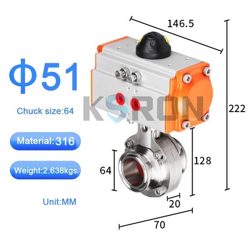 2" Sanitary Tri-Clamp Silicone Pneumatic Butterfly Valve Stainless316 Φ51MM - Picture 2 of 6